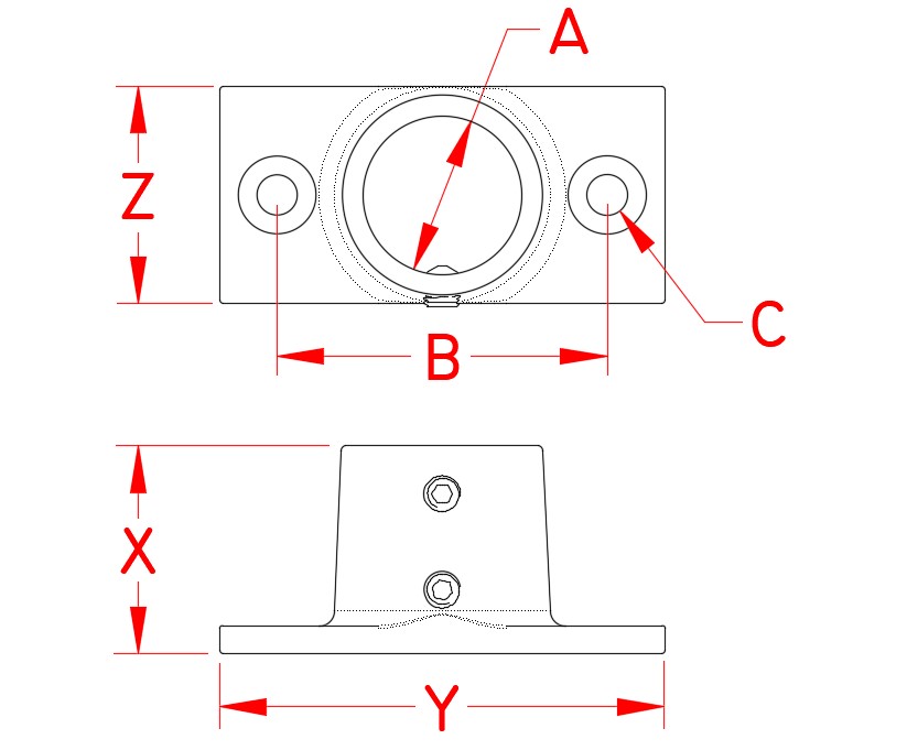 Stainless Steel Rectangular Base - 90 Degree, 2 Hole, Railing and Bimini, S3652-0900, S3652-0901, Line Drawing